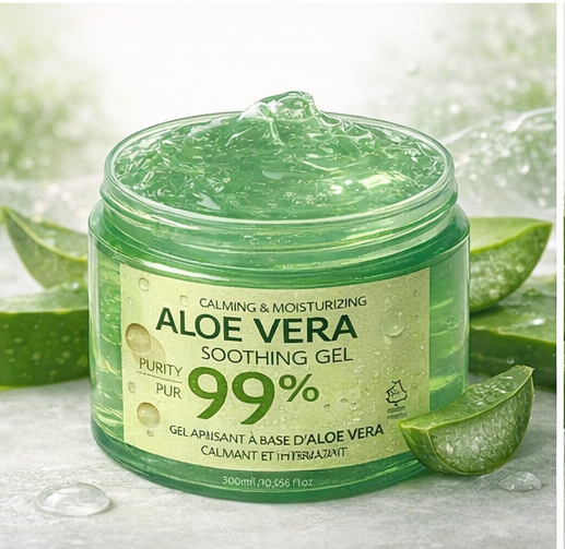 Aloe vera soothing gel with a green jar and aloe vera leaves on a white background