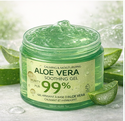 Aloe vera soothing gel with a green jar and aloe vera leaves on a white background