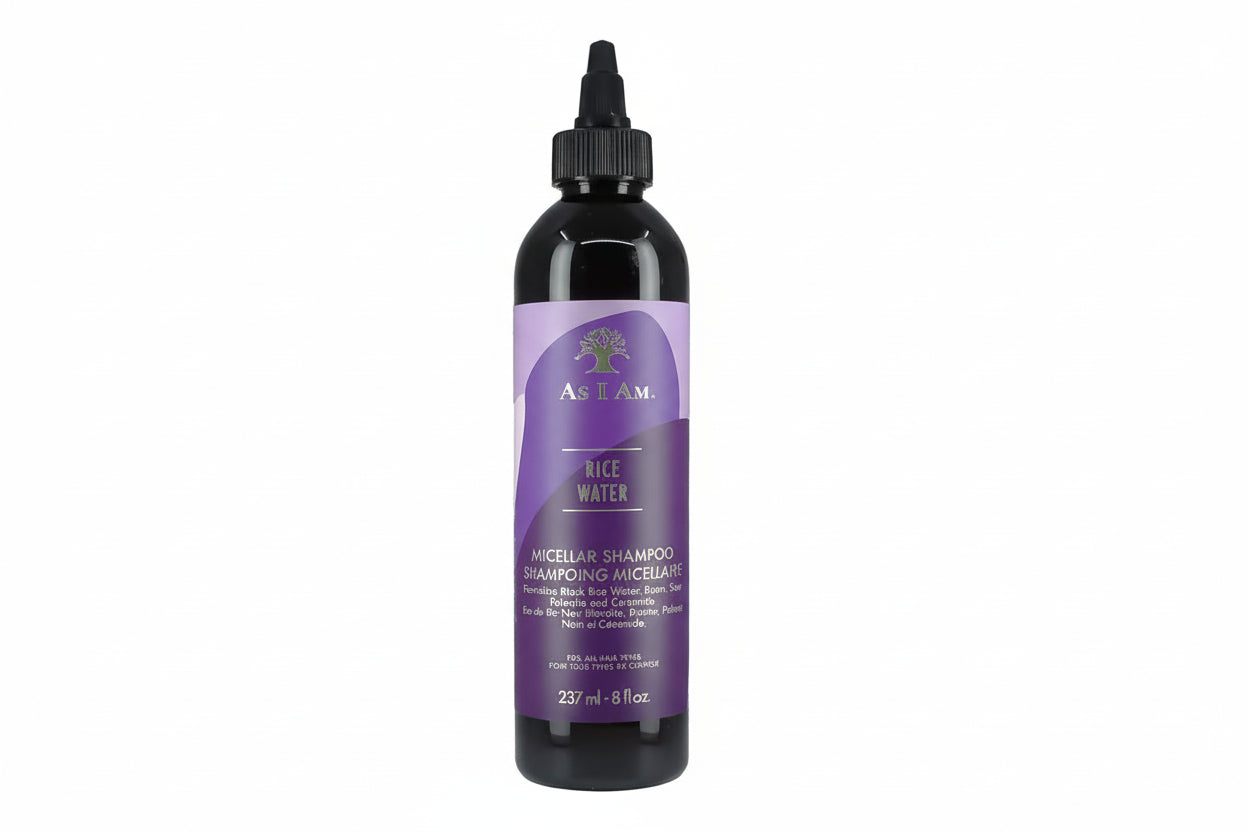 Bottle of As I Am Rice Water Micellar Shampoo on a white background